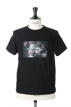 Flower Photo Message Crew Neck T Shirt -BLACK (VGC1231)