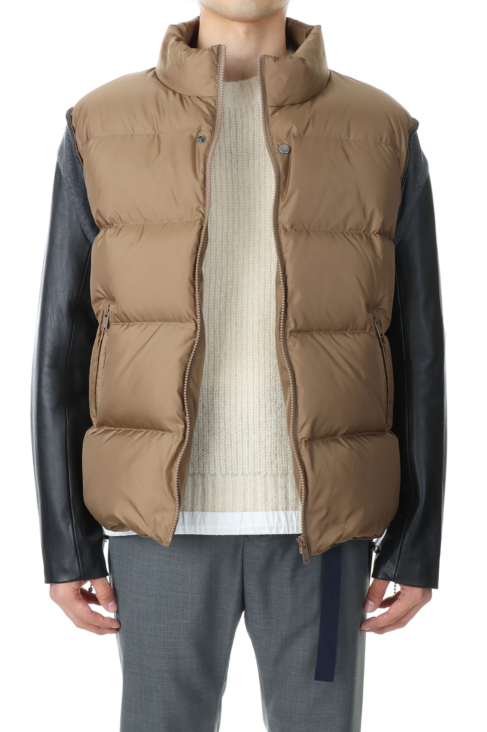 LEATHER SLEEVE DOWN JACKET(UC2B9208)-1-BEIGE