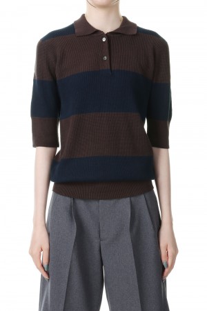 Cotton wholegarment polo S/S -BROWN x NAVY (PS23-KT02)