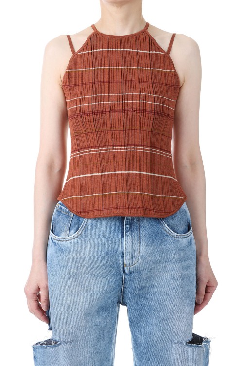 Random Ribbed Plaid Knitted Top -Brown (MM23SS-KN053) | セレクト