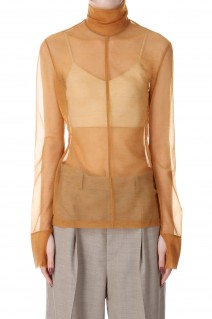 Marble Printed Plaid Sheer High Neck Top -Brown (MM23SS-JS020)