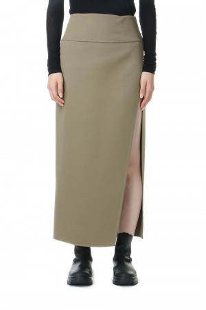 DOUBLE CLOTH HARD TWIST CARSEY HAND SEWN SKIRT-KHAKI(#A23AS04KW)