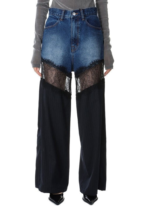 Denim Lace Blocking Pants -BLUE(31232465402) | セレクトショップ