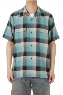 RAYON OMBRE PLAID OPEN COLLAR BLOUSE HALF SLEEVE(2441000508)- GREEN OMBRE-