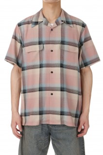 RAYON OMBRE PLAID OPEN COLLAR BLOUSE HALF SLEEVE(2441000508)- PINK OMBRE-