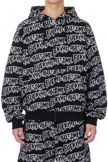 AOP Stamp Zipped Hoodie / Black-White