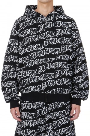AOP Stamp Zipped Hoodie / Black-White