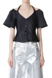 Double Satin Fitted Open-neck Blouse-BLACK(F8580)
