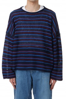 RESEARCHED BOAT NECK SWEATER / C,L MIX YARN BORDER - NAVY (SW-K0203)