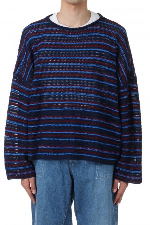 RESEARCHED BOAT NECK SWEATER / C, L MIX YARN BORDER - NAVY (SW-K0203)