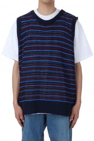 RESEARCHED KNIT VEST / C, L MIX YARN BORDER - NAVY (SW-V0203)