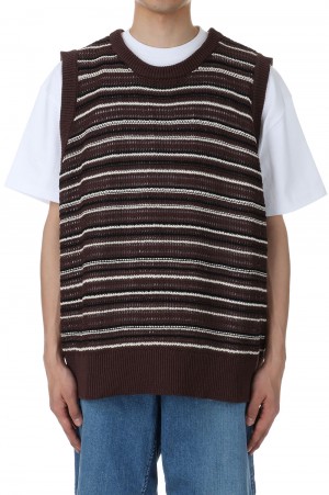 RESEARCHED KNIT VEST / C, L MIX YARN BORDER - BROWN (SW-V0203)