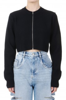 SUPER FINE WOOL RIB KNIT ZIP SHORT CARDIGAN -Black (#A24AC04RK)