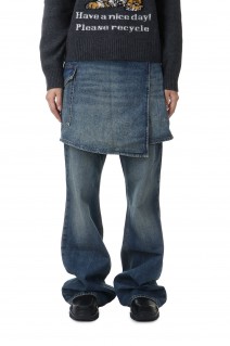 Heavy Washed Denim Flared Skirt Jeans -Mid Blue Vintage (#J1562)