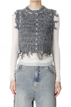 Distressed Effect Fringe Knit Vest - CHARCOAL GRAY (21242365204)