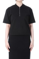 COTTON SLUB RAYON PLAITING HALF ZIP TEE - BLACK (A25ST03VP)