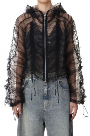 Shirring Gathered Hoodie - BLACK (31242315402)