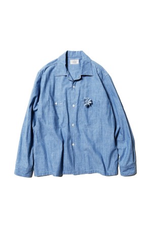 Open Collar Work Chambray with Flower - Indigo (U25S-11-0002)