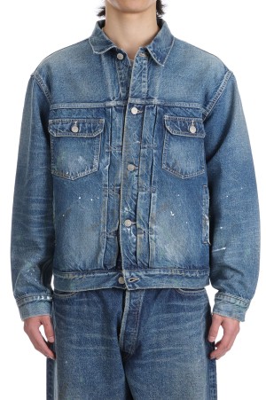 RECYCLED WASTE SUVIN COTTON YARN 14oz. DENIM JACKET VINTAGE WASHED - NAVY (GL15674H)
