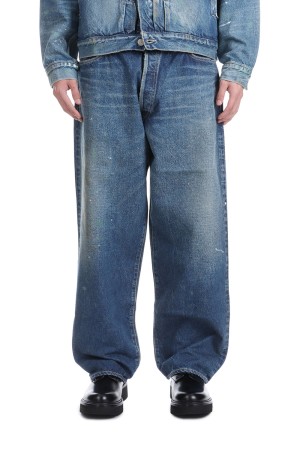 RECYCLED WASTE SUVIN COTTON YARN 14oz. DENIM 5POCKET WIDE PANTS VINTAGE WASHED - NAVY (GL42503H)