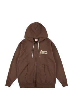 SD US Cotton Script Logo Zip Hood Sweat - BROWN