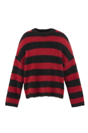 CREW NECK KNIT / GLITTER BORDER / BLACK+RED (SM-HR1-0000-069)