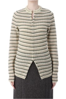 SHETLAND WOOL CASHMERE RIB KNIT CREW-NECK CARDIGAN - BEIGE STRIPE (A25AC02SB)