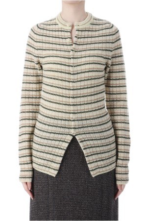 SHETLAND WOOL CASHMERE RIB KNIT CREW-NECK CARDIGAN - BEIGE STRIPE (A25AC02SB)