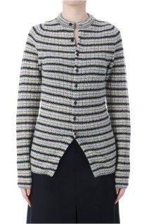 SHETLAND WOOL CASHMERE RIB KNIT CREW-NECK CARDIGAN - GRAY STRIPE (A25AC02SB)