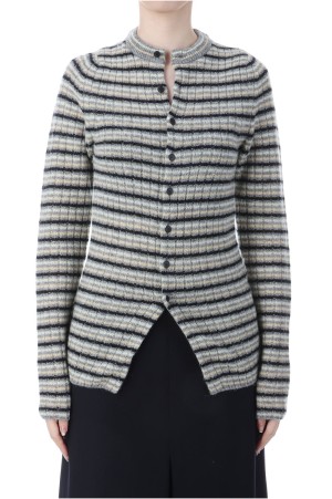SHETLAND WOOL CASHMERE RIB KNIT CREW-NECK CARDIGAN - GRAY STRIPE (A25AC02SB)