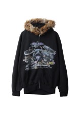 FURRY COLLAR ZIP-UP HOODIE - BLACK (25AW44CS406)