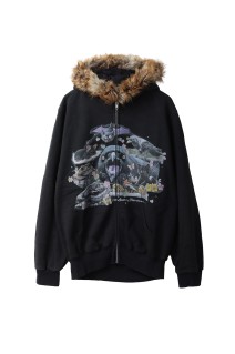 FURRY COLLAR ZIP-UP HOODIE - BLACK (25AW44CS406)