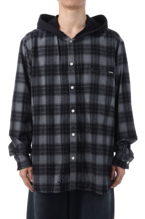 Distressed Hooded Checked Shirt - BLACK (G15SH055)