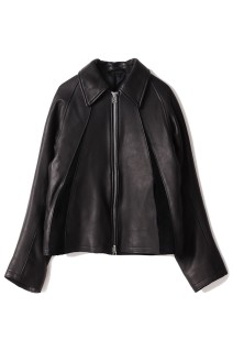 LEATHER PANELED ZIP UP JACKET - BLACK (NF252J07)