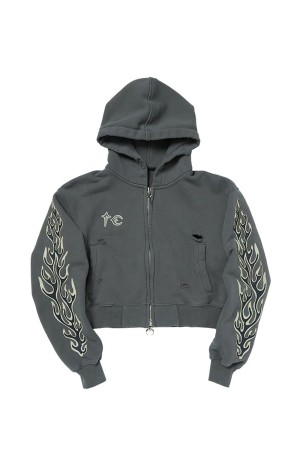 Leather Flame Cropped Hooded Zip-Up / GREY (TC25SS2701W)