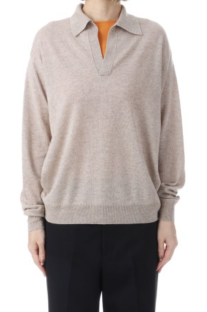 SUPER FINE CASHMERE SILK KNIT SKIPPER POLO - TOP BEIGE (A26SP04SC)
