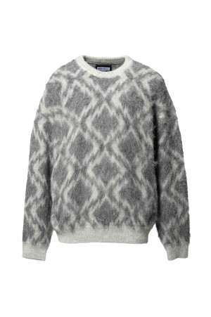 Diamond Geometric Pattern Prime-Over Crew Neck Mohair Shaggy Knit Pullover - GRAY (11252361314)