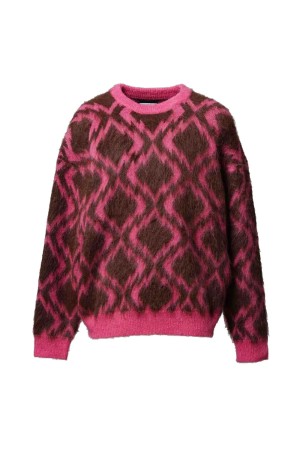 Diamond Geometric Pattern Prime-Over Crew Neck Mohair Shaggy Knit Pullover - BROWN (11252361314)
