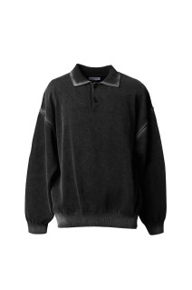 High Twist Pigment Bleach Prime-Over Long Sleeve Knit Polo Shirt - BLACK (11252361302)