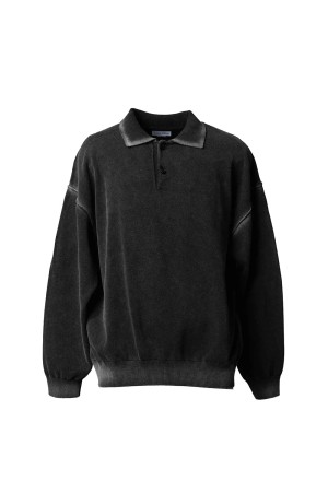 High Twist Pigment Bleach Prime-Over Long Sleeve Knit Polo Shirt - BLACK (11252361302)