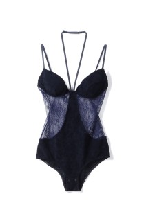 SHEER PANELED VELOUR BODYSUIT - NAVY (FTC262-0404)