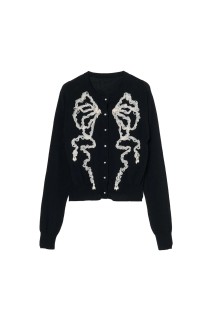 Ribbon tulle pearl embroidery cardigan - Black (TD-26SS-KN53)