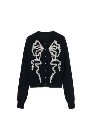 Ribbon tulle pearl embroidery cardigan - Black (TD-26SS-KN53)