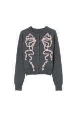 Ribbon tulle pearl embroidery cardigan - Heather gray (TD-26SS-KN53)