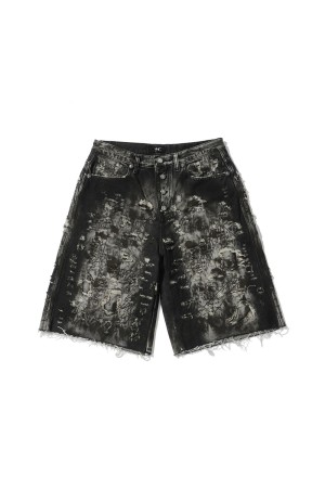 HARD WASHED DESTROYED DENIM SHORTS - BLACK (TC26PT1202)
