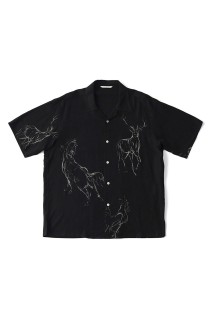 ORIGINAL PRINTED OPEN COLLAR SHIRTS (ANIMAL DRAWING) Short-sleeve / BLACK (261OJ-SH22)