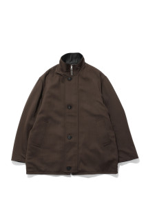 REVERSIBLE WOOL TWISTED TWILL / SHEEP LEATHER HALF COAT - BROWN CHAMBRAY x BLACK (A26AC02AN)
