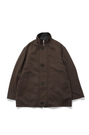 REVERSIBLE WOOL TWISTED TWILL / SHEEP LEATHER HALF COAT - BROWN CHAMBRAY x BLACK (A26AC02AN)