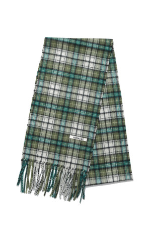 CASHMERE CHECK LONG STOLE - MOSS GREEN CHECK (A26AM02SL)