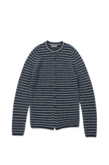 SHETLAND WOOL CASHMERE RIB KNIT CREW-NECK CARDIGAN - NAVY STRIPE (A26AC02SB)